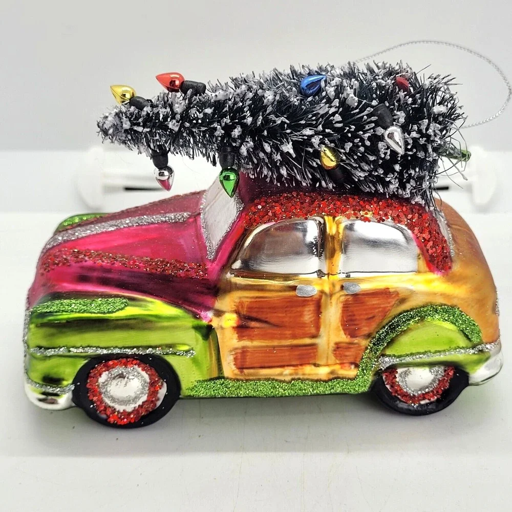 Vintage Christmas Ornament Car Tree Flocked Glass Blown Rare Bulbs So Cute